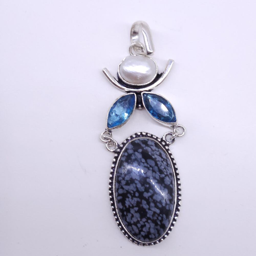 Cosmic Snowflake Obsidian and Pearl Pendant